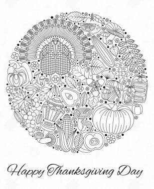 Şükran Günü tebrik kartı. Tasarım için çeşitli öğeleri. Çizgi film vektör çizim. Yuvarlak şekil.