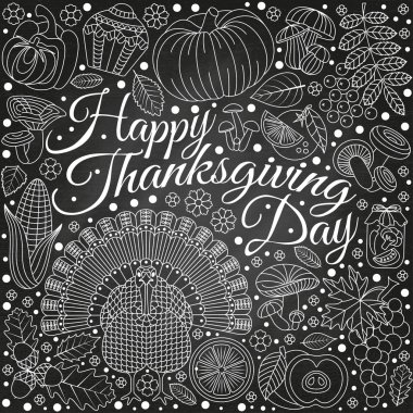 Şükran Günü tebrik kartı. Tasarım için çeşitli öğeleri. Çizgi film vektör çizim. Tatil arka plan.