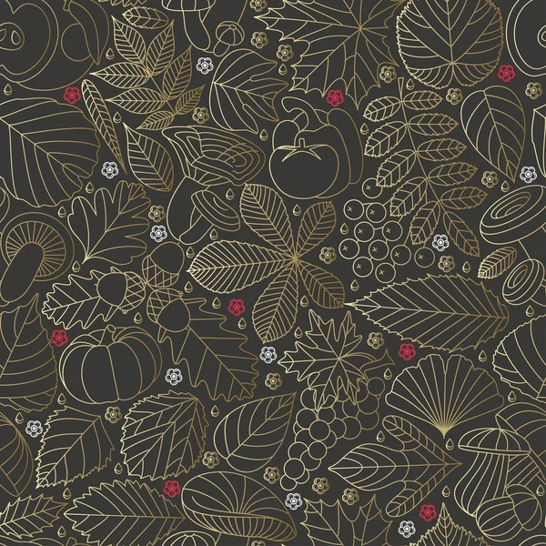 Sömlös mönster med träd blad, svamp och grönsaker. Olika element för design. Tecknad vektor illustration. Guld färg. Höst bakgrund — Stock vektor