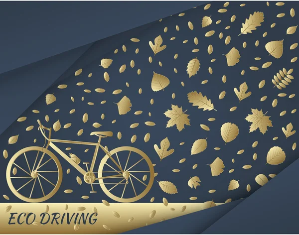 Eco driving concept in goldenen Farben. Fahrrad und Laubspuren. Vektorillustration — Stockvektor