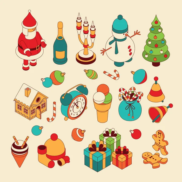 Christmas isometric cute toys. Funny Santa and showmans. Candelabrum and gingerbread house — Stock Vector