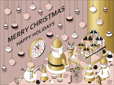 Noel arkaplanında izometrik sevimli oyuncaklar var. Komik Noel Baba ve hediyeli kızak