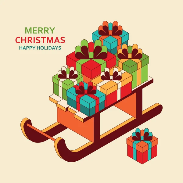 Fond de Noël avec mignon traîneau isométrique Père Noël avec des cadeaux. Carte de voeux de Noël ou concept de bannière — Image vectorielle
