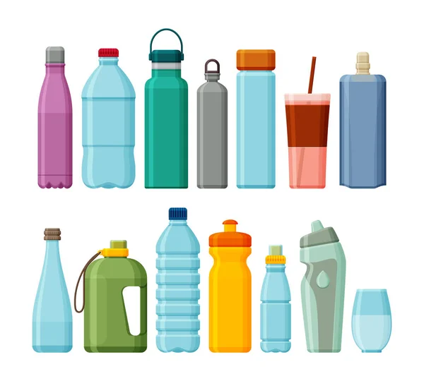 Set de diferentes botellas de agua deportivas y plásticas aisladas en blanco — Vector de stock
