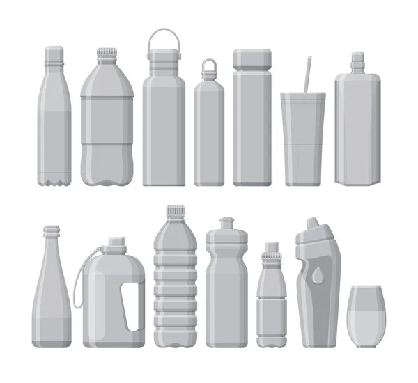 Set de diferentes botellas de agua deportivas y plásticas aisladas en blanco — Archivo Imágenes Vectoriales