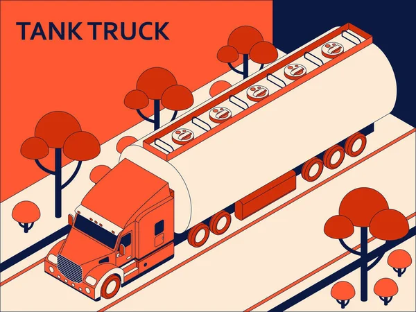 Ισομετρική δεξαμενή φορτηγό για τη μεταφορά πετρελαίου και πετρελαίου κινείται στο δρόμο. Έννοια μεταφοράς φορτίου — Διανυσματικό Αρχείο