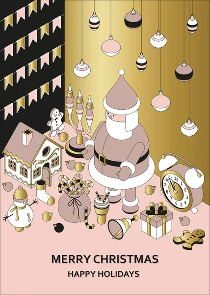 Fond de Noël avec des jouets mignons isométriques. Santa drôle et maison de pain d'épice — Image vectorielle