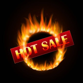 Vzor ohnivého prodeje s hořícím prstenem na černém pozadí. Horký prodej design s ohněm