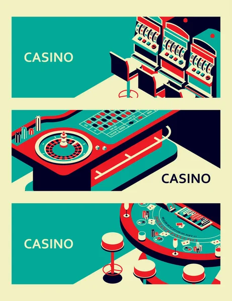 Conjunto de pancartas de casino. Mesa de ruleta, máquina tragaperras y gato negro — Vector de stock