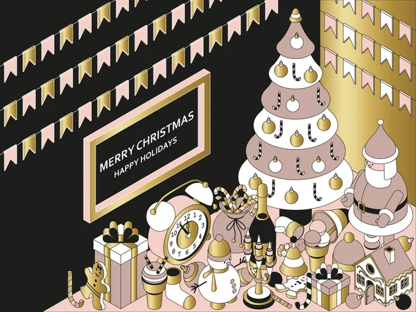 Noel arkaplanında izometrik sevimli oyuncaklar var. Komik Noel Baba ve zencefilli kurabiye evi. Xmas tebrik kartı