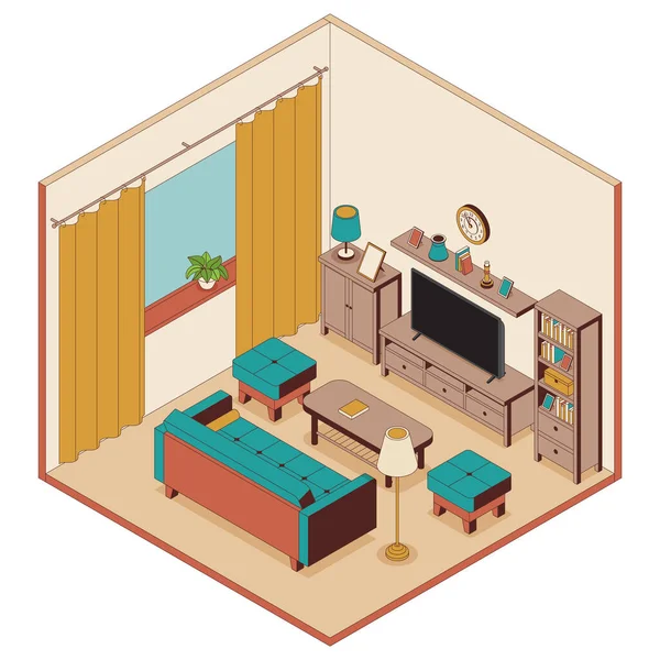 आइसोमेट्रिक शैली में रहने का कमरा। सोफा, फर्नीचर और टीवी — स्टॉक वेक्टर