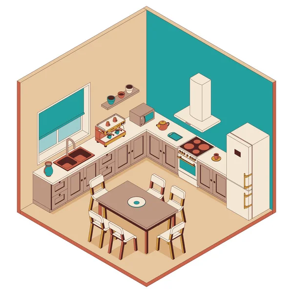 Kitchen in isometric style. Armchairs, furniture and computer — Stockvector