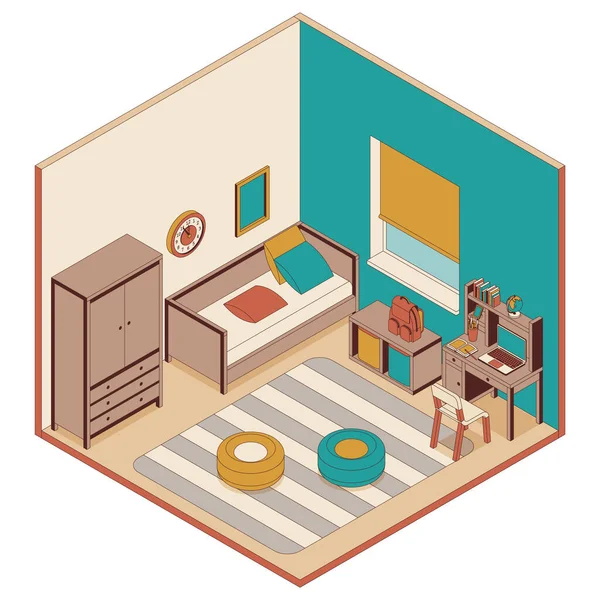 Chambre pour enfants dans un style isométrique. Canapé, mobilier et bureau — Image vectorielle