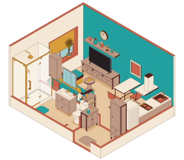 Appartements intelligents dans un style isométrique. Salon et cuisine, salle de bain — Image vectorielle
