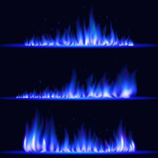 Płonące realistyczne płomienie niebieskiego ognia. Świecące cząstki. Efekt świetlny, ognisko. — Wektor stockowy