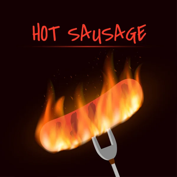 Grill sausage roasted on a fork, coals and fire on the dark background — Stock vektor