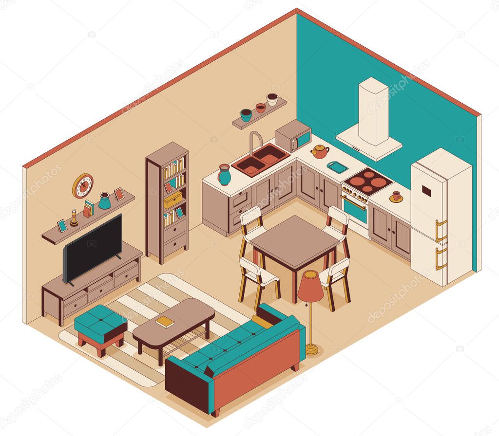 Living room with kitchen in isometric style. Sofa, furniture and TV
