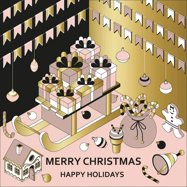 Christmas background with isometric cute toys. Sled with gifts and gingerbread house — Stock Vector