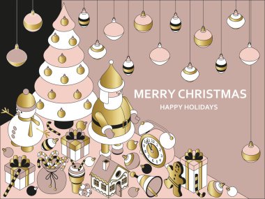Noel arkaplanında izometrik sevimli oyuncaklar var. Komik Noel Baba ve zencefilli kurabiye evi