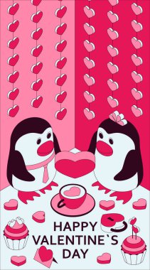 Tatlı izometrik elementlerle Sevgililer Gününüz kutlu olsun. Tebrik kartı ve Aşk şablonu