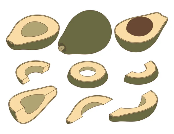 Set di avocado fresco intero e affettato isolato su sfondo bianco in stile isometrico — Vettoriale Stock
