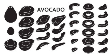 Beyaz zemin üzerinde izometrik tarzda izole edilmiş taze ve dilimlenmiş avokado seti