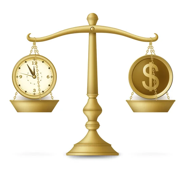 Reloj y dinero en balanza equilibrada. Concepto de negocio. Ilustración vectorial. — Archivo Imágenes Vectoriales