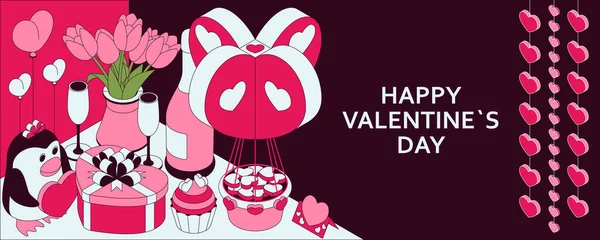 Happy Valentine Day achtergrond met schattige isometrische elementen. Wenskaart en liefdesjabloon — Stockvector