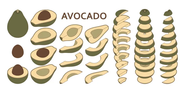 Set di avocado fresco intero e affettato isolato su sfondo bianco in stile isometrico — Vettoriale Stock