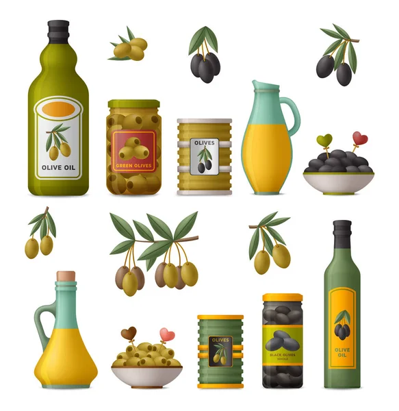 Set of olive products. Whole fruits and without stones in tins, oil in bottles and glass jugs, branches. — Stock Vector