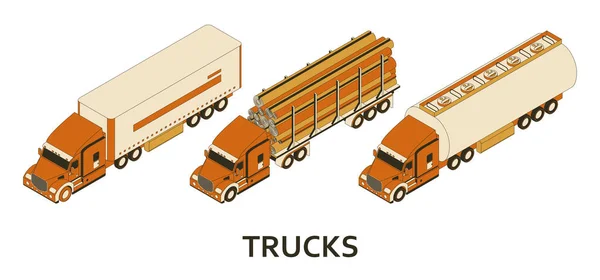Изометрические лесозаготовки, цистерны и грузовые автомобили с кэбом. Векторная иллюстрация — стоковый вектор