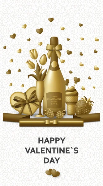 Feliz Dia dos Namorados fundo com champanhe, presente, flores e bagas —  Vetores de Stock