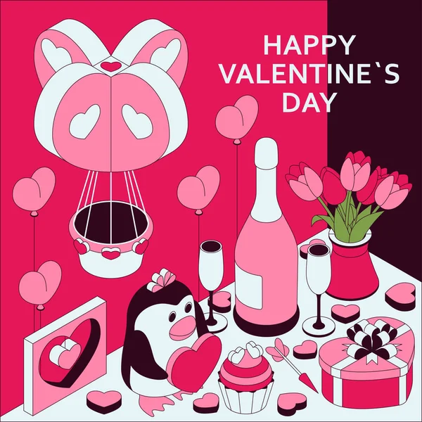 Happy Valentine Day background with cute isometric elements. Greeting card and Love template — Stock Vector