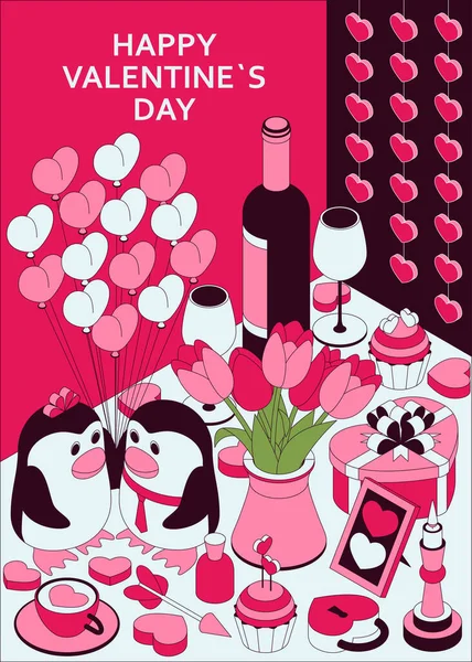 Feliz Dia dos Namorados fundo com elementos isométricos bonitos. Cartão de saudação e modelo de amor —  Vetores de Stock