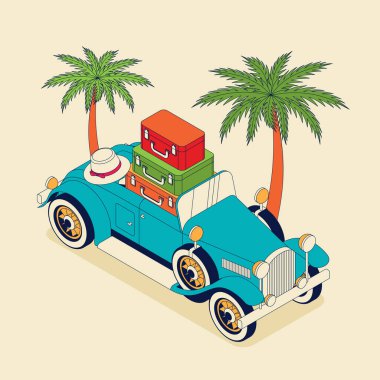 Üstü açık araba, bavullar ve palmiye ağaçları. 30 'lardan kalma mavi renkli bir araba. İzometrik tarzda turizm kavramı