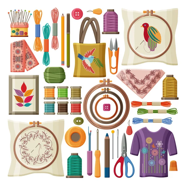 Set borduurproducten en gereedschappen geïsoleerd op witte achtergrond. Borduurring, draden en naalden. Tafelkleed, sjaal en tas. — Stockvector