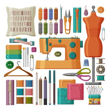 Beyaz arka planda izole edilmiş dikiş aletleri ve aksesuarları. Dikiş makinesi ve manken, iplik, iğne ve makas. Vektör illüstrasyonu