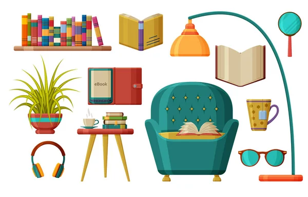 Набор книг и чтение. Удобное кресло под напольной лампой с открытой книгой. Современное чтение - аудио- и электронная книга. Векторная иллюстрация — стоковый вектор
