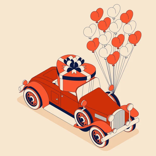 复古汽车可转换为礼品盒心形和许多气球.30年代的红色古董车。生日、情人节、妇女日等节日的贺卡。矢量说明 — 图库矢量图片