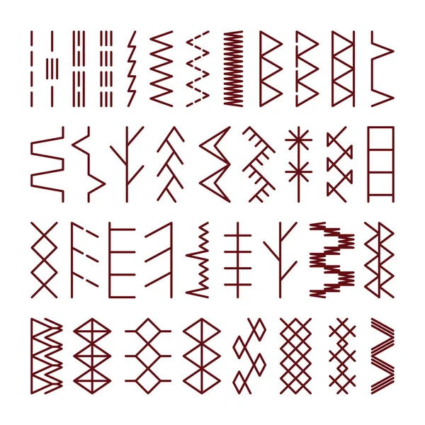 Conjunto de puntadas de máquina de coser aisladas sobre fondo blanco. Ilustración vectorial — Vector de stock