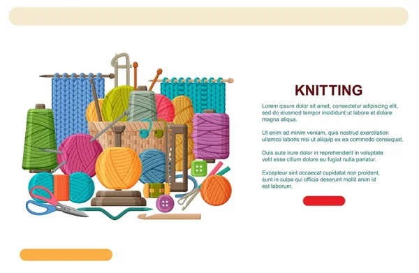 Fio e ferramentas de tricô, agulhas, gancho e tesoura. Tricô, modelo de banner web de crochê ou landing page. Ilustração vetorial Vetores De Stock Royalty-Free