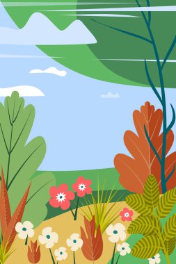 Bahar arkaplanı, çiçeklerle ve ormanlarla dolu güzel orman sahnesi, metinleriniz için yer. Vektör illüstrasyonu.