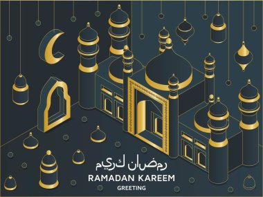 Ramazan Kareem arka plan izometrik. İslam Arap camisi, fenerler. Tebrik kartı. Çeviri Ramazan Kareem, Kur 'an. Tebrik kartı
