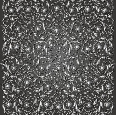 Arabesk lüksü, kusursuz çiçek deseni. Çiçekli, yapraklı ve yapraklı gümüş dallar