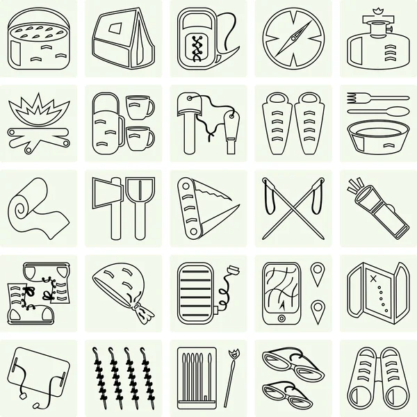 Iconos de viaje y camping en gris — Vector de stock