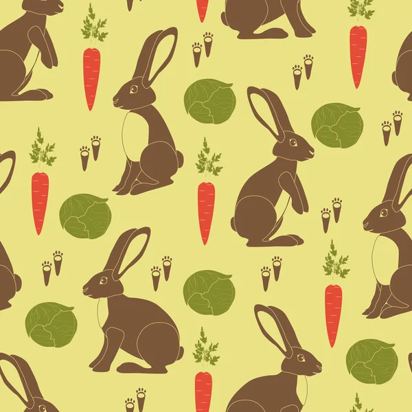 Brown rabbits, orange carrots, green cabbages and little footprints — Stock Vector