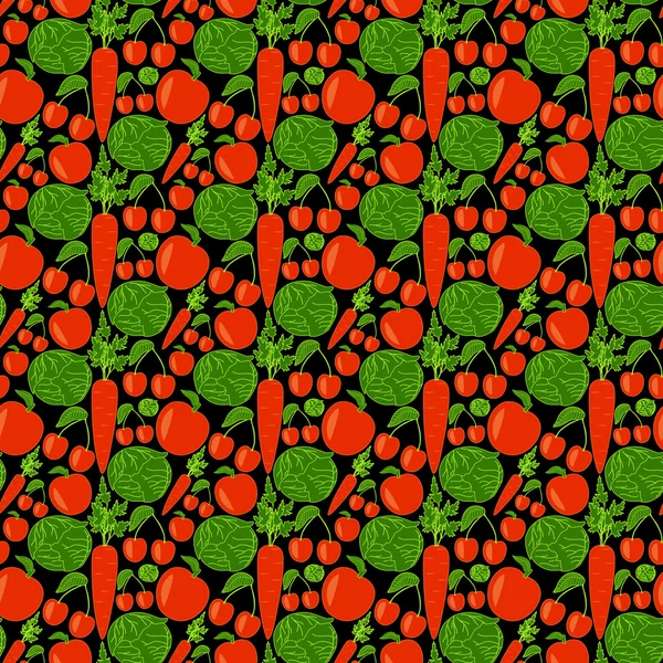 Nahtloses Muster mit Apfel, Kohl, Karotte und Kirsche auf schwarzem Hintergrund — Stockvektor