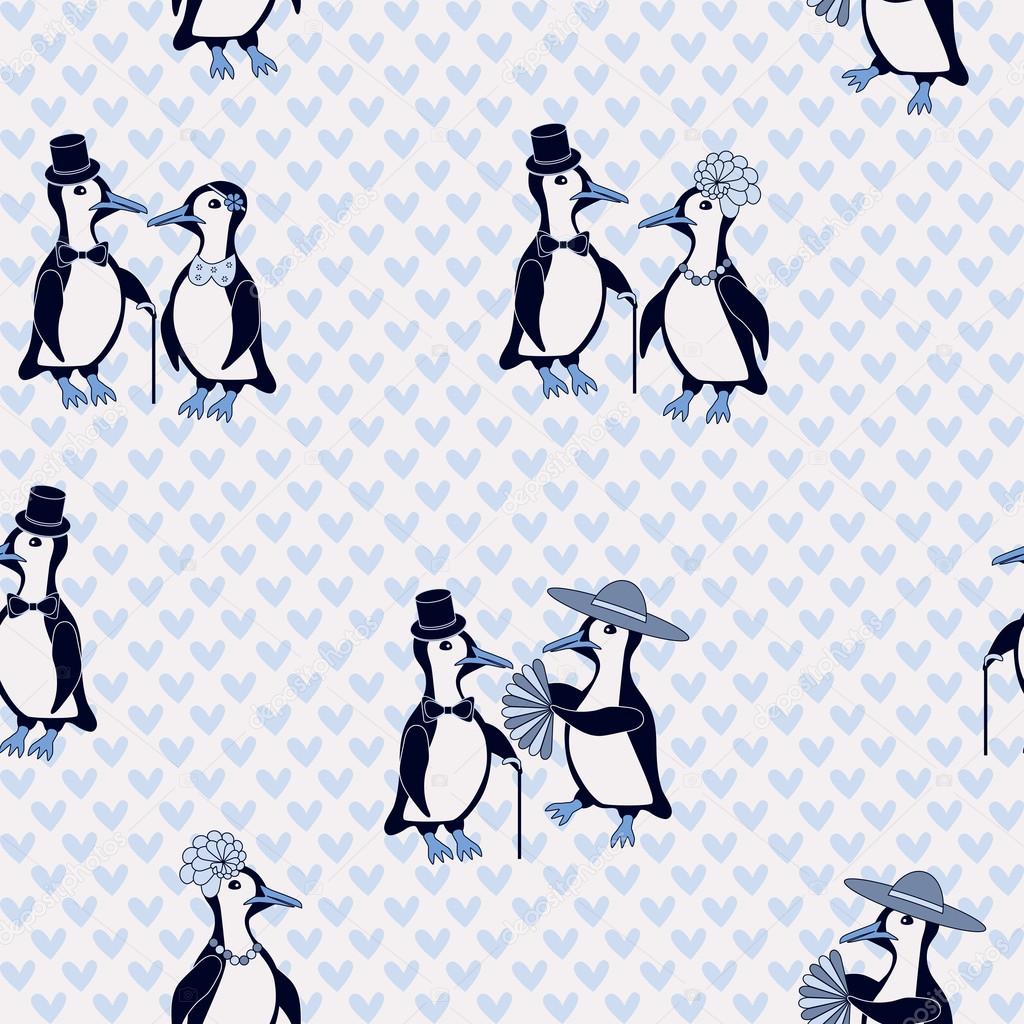 ladies and gentlemen penguins on a blue background with hearts