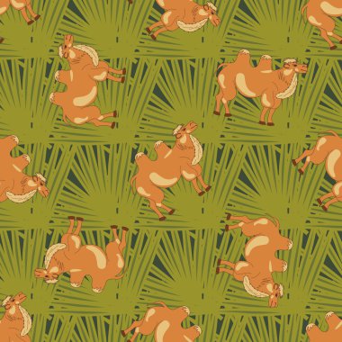 Bactrian camels on green leaves. Seamless pattern with cartoon camels clipart