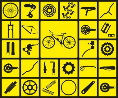Set of black silhouette icons of bicycle spare parts. Twenty seven icons, infographic elements. Vector illustration clipart